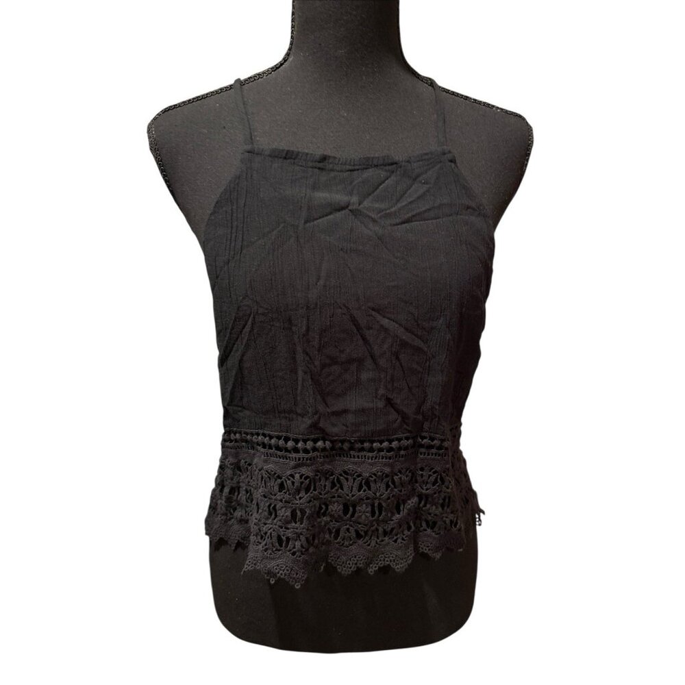 American Eagle Black Lace Halter Top Cotton Blend Sleeveless Size Large